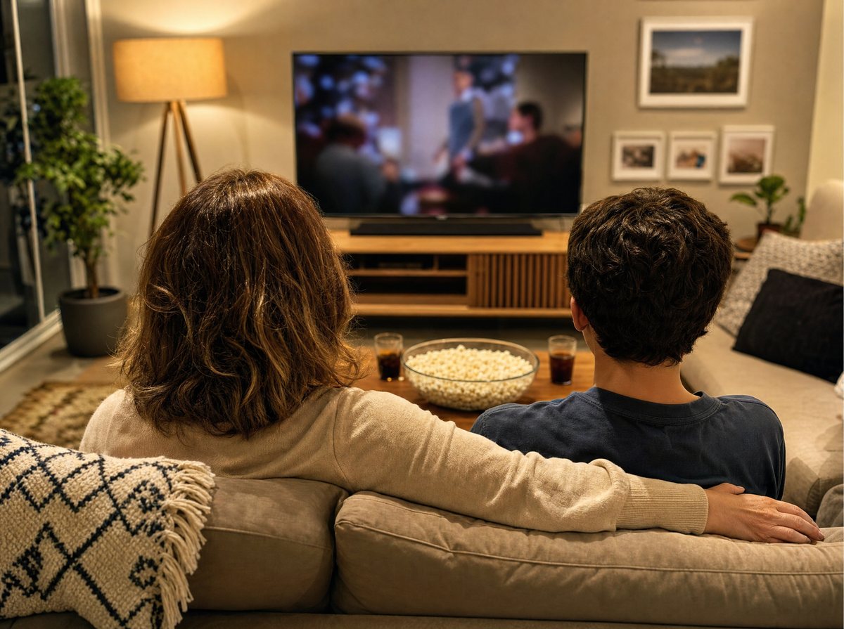 Vista de trás de um sofá numa sala à noite. Mãe e filho sentados juntos, de costas, com uma tigela de pipoca entre eles e a TV acesa ao fundo.
