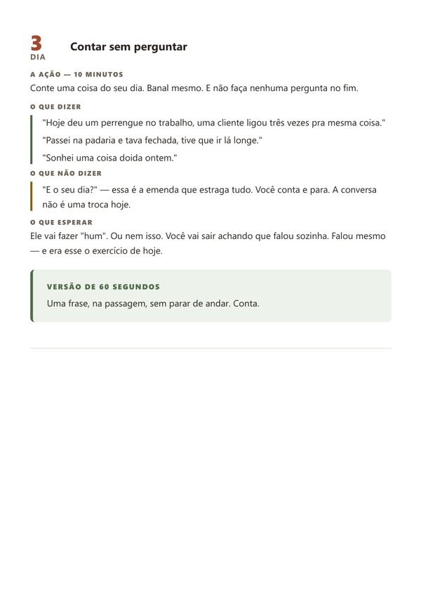 Página de um dia do plano, com a ação e as frases prontas
